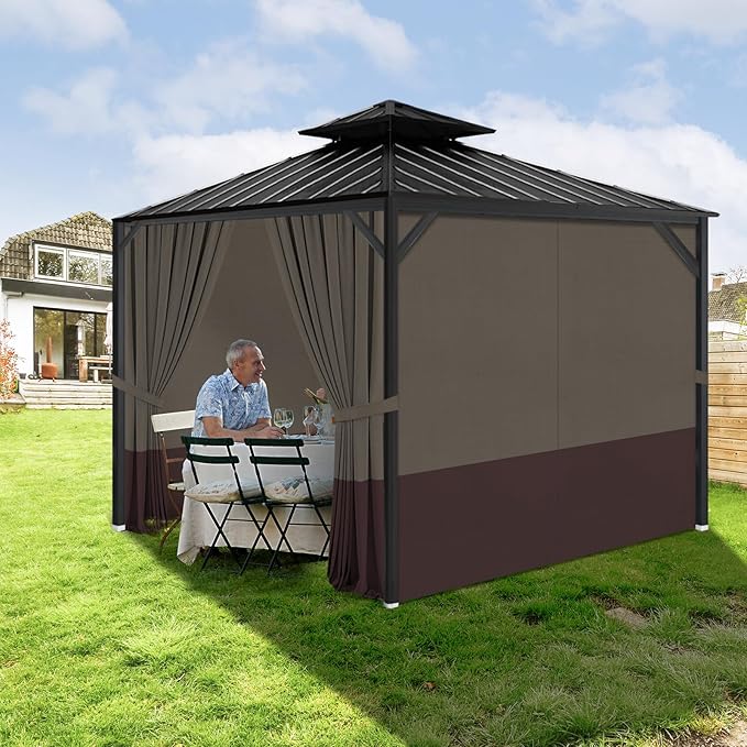Gazebo Privacy Curtains 10' x 12' with Zipper 4-Panels Side Wall Universal Replacement for Patio, Outdoor Canopy, Garden and Backyard Khaki and Brown (Curtain Only)