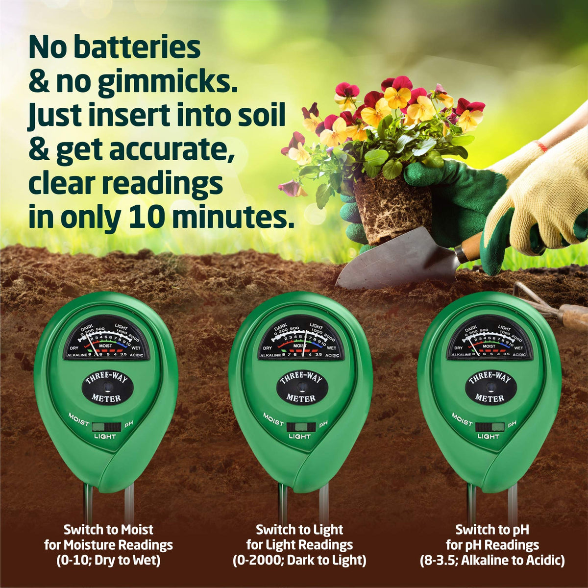 Soil Moisture Meter, Accurate Soil Moisture/PH/Light Meter Plant Soil Test Kit Indoor Outdoor Use, No Battery Needed Easy to Read Hygrometer Moisture Sensor Water Meter for Plants Lawn Farm Garden
