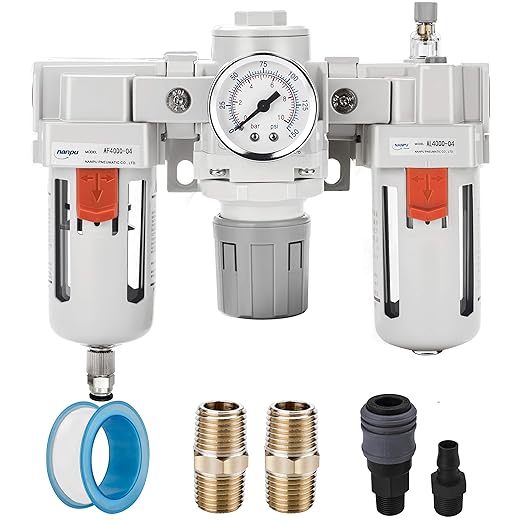 NANPU 1/2" NPT Air Filter, Regulator & Lubricator (FRL) Combo - Water/Oil Trap Separator - Pressure Gauge(0-150 psi), 5 Micron Brass Element, Semi-Auto Drain, Poly Bowl, Metal Bracket