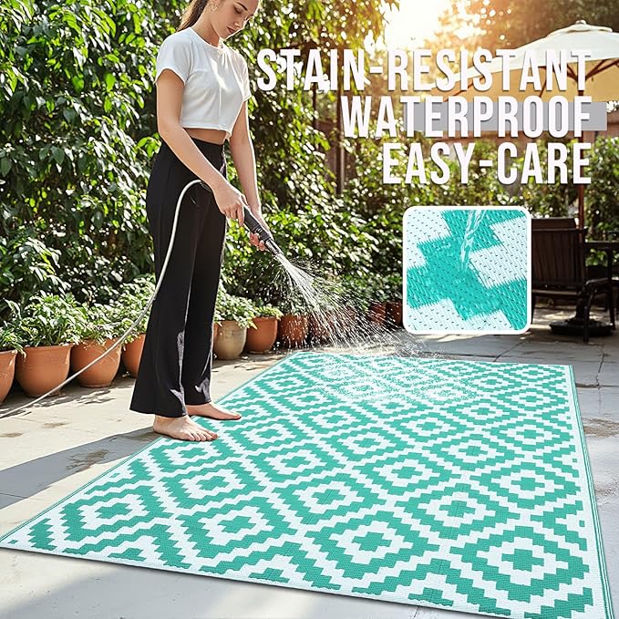 OLANLY Waterproof Outdoor Rug 4x6 ft, Outdoor Plastic Straw Rug for Camping, RV Mat Outside, Outdoor Carpet for Porch, Deck, Backyard, Balcony, Picnic, Turquoise & White