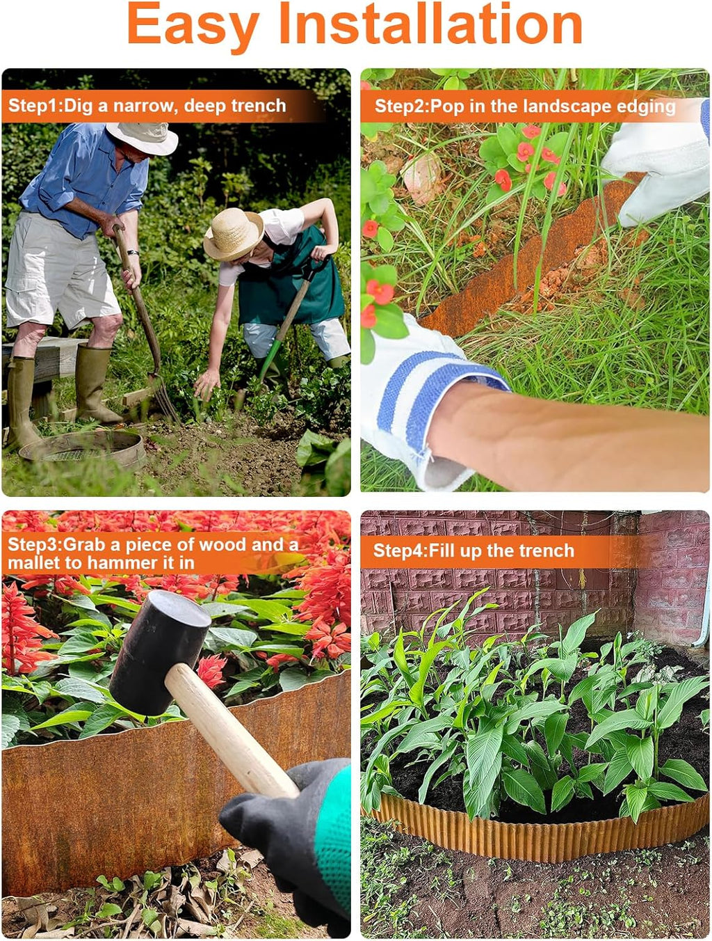 Vinci Garden Landscape Edging Border, 12 Inch x 20 FT Corrugated Sturdy Metal Easy Installation Safe Hemmed Lawn Garden Border Edges for DIY Flower Beds,Pathways and Patio Design (Rusted)