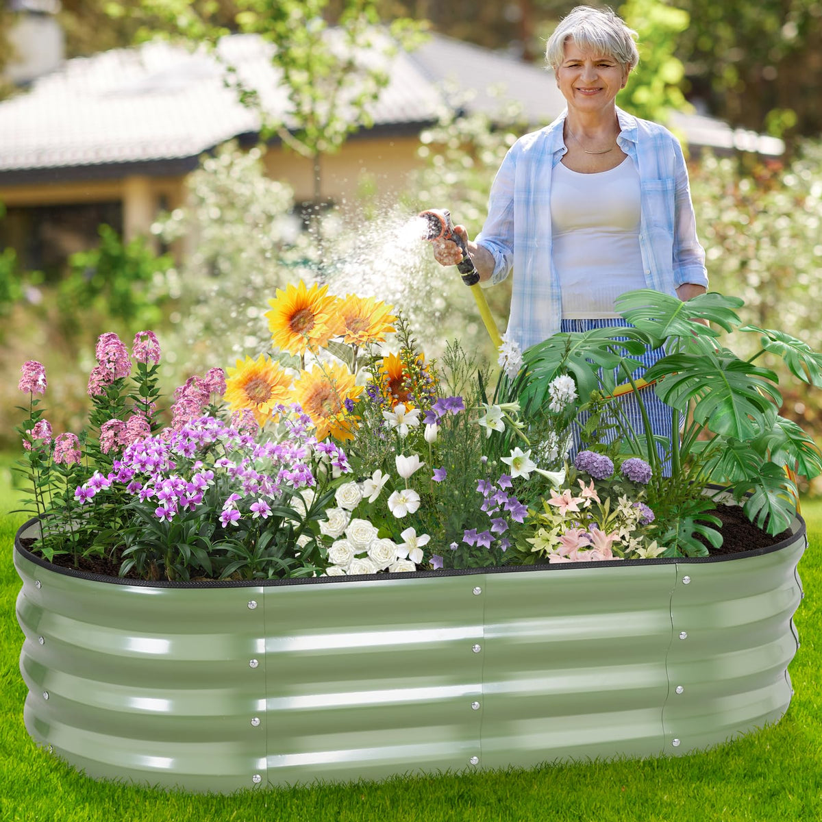BIRDSINYARD Galvanized Raised Garden Bed, 4x2x1ft, 2 Pack, Olive Green