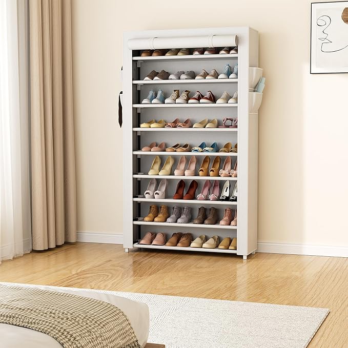 Shoe Rack with Covers 10 Tier Tall Shoe Rack Organizer Large Capacity Shoe Shelf Storage 40 Pairs Space Saving Free Standing Shoe Storage Organizer for Closet, Entryway, Dorm, White