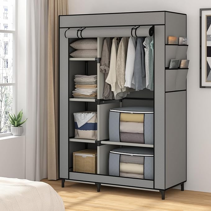 Calmootey Portable Closet, Wardrobe with 6 Shelves and Hanging Rod, Storage Organizer for Bedroom, Non-Woven Fabric Cover with 4 Side Pockets, Includes 2 Storage Bags for Clothes, Grey