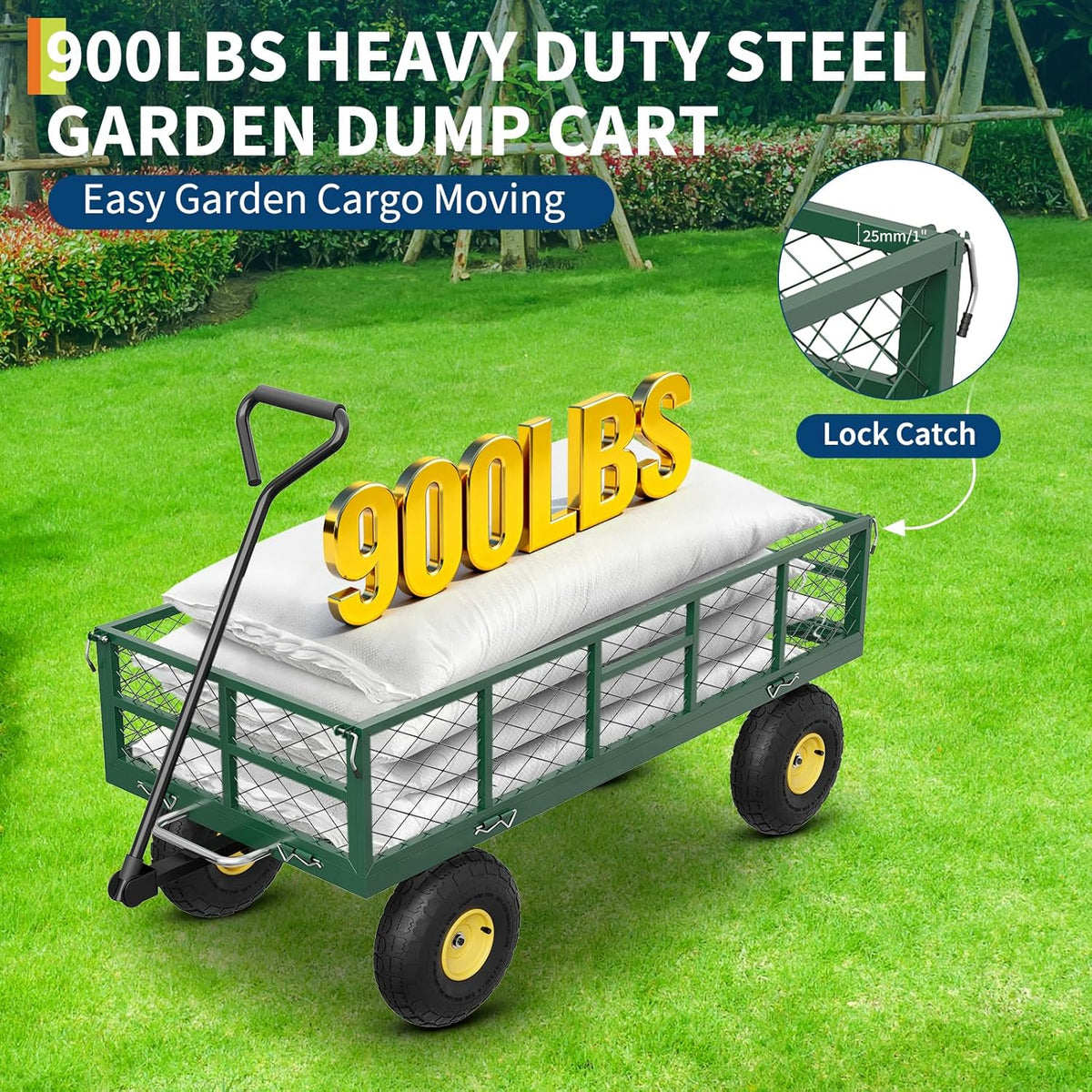 GarveeLife 900 LBS Garden Dump Cart with Removable Sidewalls, Heavy Duty Steel Dump Wagon with 180° Swivel Handle & 10 in Tires, Yard Cart Utility Wheelbarrow for Backyard Farm