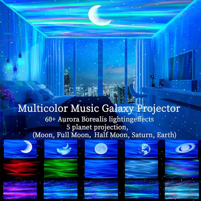 Aurora Northern Lights Projector: 60+ Light Effects White Noise Stars Sky Moon Lights for Bedroom Bluetooth Remote Timer Multi Colors, Mood Lighting Room & Classroom Decor