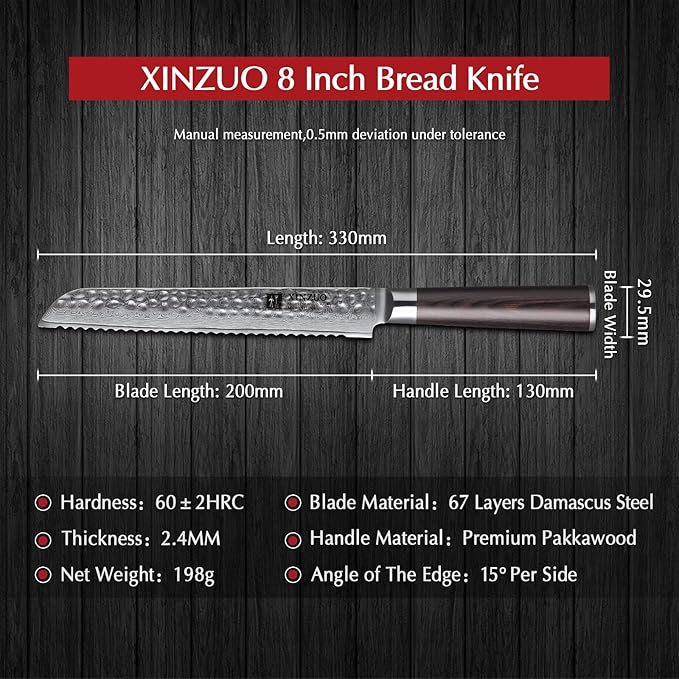 XINZUO 67 Layers Damascus Bread Cutting Knife, 8 Inch Serrated Bread Knife for Homemade Bread Sourdough,Razor Sharp,Dark Brown Pakkawood Handle