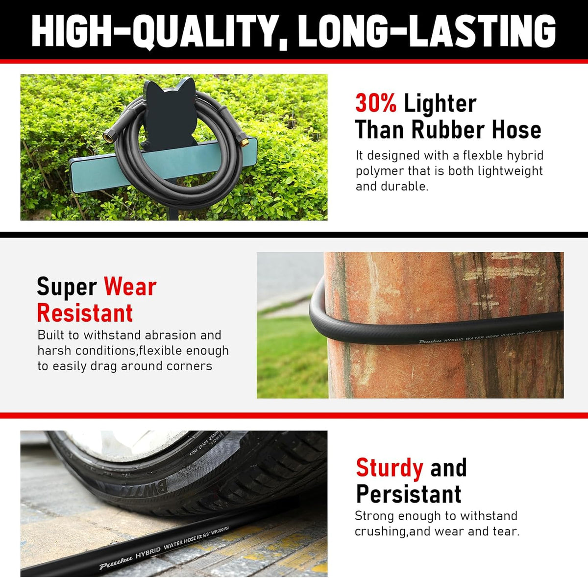 Garden Hose 75ft x 5/8", NON-EXPANDABLE Heavy Duty Premium Flexible Water Hose, No Kink, Leakproof, Lightweight Hybrid Hose with Male to Female Fittings for Household、Backyard