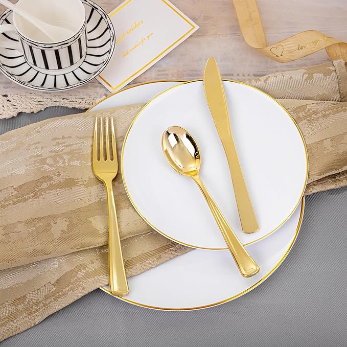 Supernal 350pcs White and Gold Plastic Plates,Gold Plastic Dinnerware for 50 Guests Include 100 White Disposable Plate, 150 Gold Silverware Set, 50 Disposable Cups, 50 Napkins