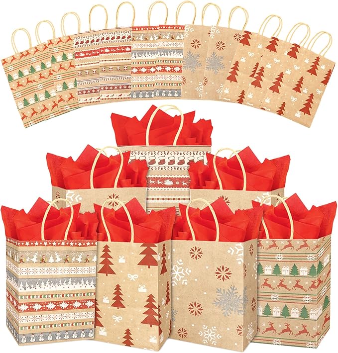 STPIYFZU Christmas Gift Bags, 25 Pack Small Christmas Gift Bags with Handles, Xmas Kraft Paper Bag Bulk with Tissue Paper, Xmas Holiday Present Bag (8.2" x 6" x 3.1")