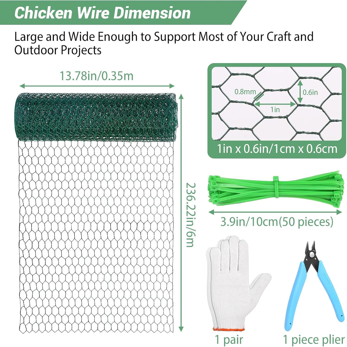 Chicken Wire Fence for Craft,13.78 x 236 Inch Lightweight Galvanized Hexagonal Chicken Wire Netting, Chicken Wire Mesh for Garden Poultry, Floral Chicken Wire Fencing with Gloves, Wire Ties and Plier