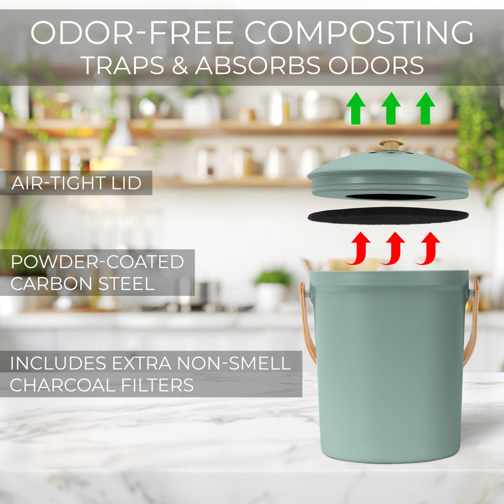 Beautiful Kitchen Compost Bin with Smell Proof Lid - Rust Proof and Odorless Compost Bucket for Your Countertop with No Smell Filters - Easy to Clean 1.1 Gallon Bin Looks Great On Any Kitchen Counter