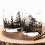 Black Lantern Whiskey Glass Set - Forest Landscape Old Fashioned Low-Ball Glasses - Drinking Glasses - Rock Glasses and Kitchen Glasses for Nature Lovers - Two Premium 11oz. Glasses