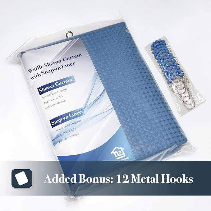 N&Y HOME Waffle Weave Shower Curtain with Snap-in Fabric Liner & Hooks Set - Hotel Style, Water-Repellent & Washable, Heavyweight Fabric & Mesh Top Window - 71x72, Moonlight Blue
