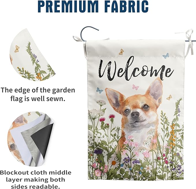 Floral Chihuahua Garden Flag Spring Summer Yard Flag Flower Dog Garden Flags for Outside Small Outdoor Welcome Flags 12x18 Double Sided