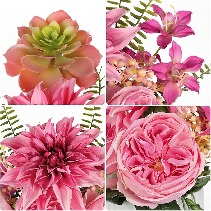 Briful 13" Faux Flower Arrangement in White Ceramic Vase – Pink Artificial Peony & Dahlia Silk Flower Centerpiece with Succulent Fake Potted Flowers for Home Office Tabletop Wedding Decor