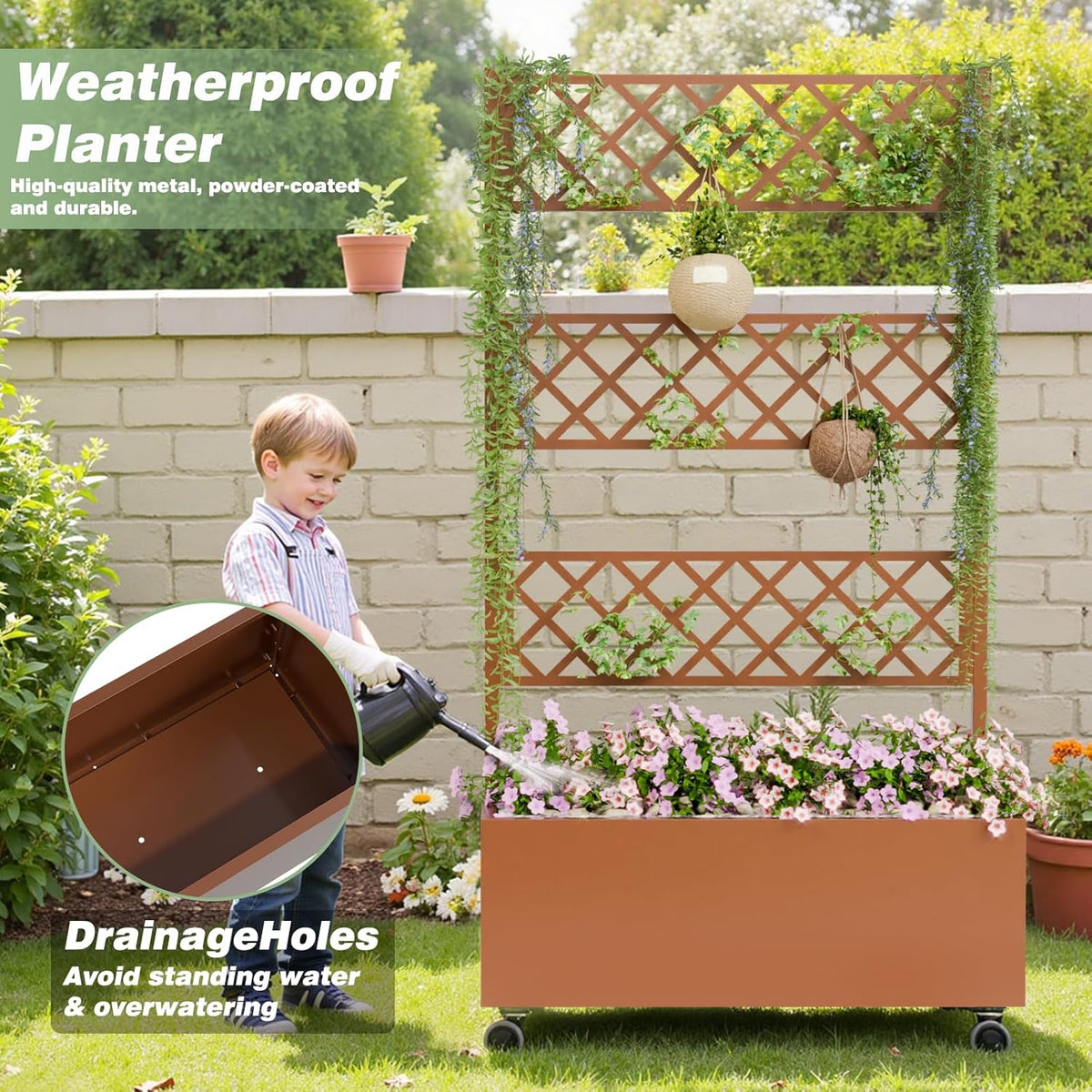 Kinchox Metal Raised Garden Bed with Trellis Outdoor Metal Planter Box with Planting Pockets Garden Box for Climbing Plants Privacy Planters for Patio