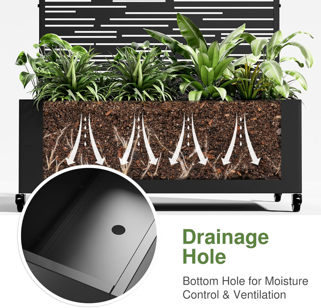 Casaphoria Metal Raised Garden Bed with Trellis and Wheels, 72"x35"x16" Planter Box for Climbing Plants, Vegetables & Vines, Features Drainage Holes and Privacy Screen (Black-Shine)