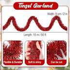 50 Feet Red Christmas Tinsel Garland, Metallic Foil Twist Banner Wall Hanging Tinsel Streamers Backdrop for Parade Floats, Christmas, Mother's Day, Birthday Party Decorations(2in x 50ft)