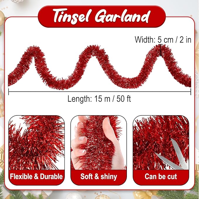 50 Feet Red Christmas Tinsel Garland, Metallic Foil Twist Banner Wall Hanging Tinsel Streamers Backdrop for Parade Floats, Christmas, Mother's Day, Birthday Party Decorations(2in x 50ft)