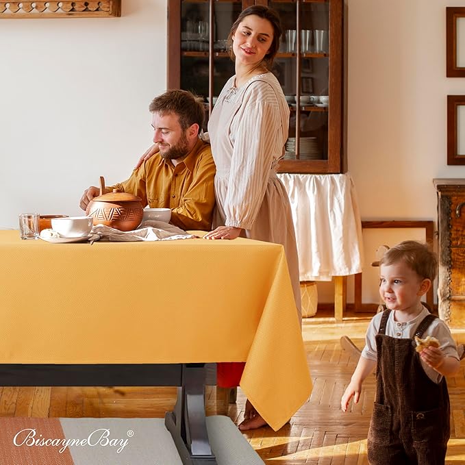 Biscaynebay Fall Tablecloth Textured Fabric 70x120 Inch Rectangular, Fall Gold Thanksgiving Autumn Harvest Water Resistant Fabric Tablecloths for Kitchen, Dining, Wedding, Parties Machine Washable