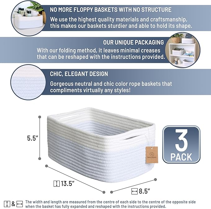 NaturalCozy 13.5”x8.5”x5.5” Rectangle Storage Baskets for Shelves 3 Pack | Cotton Rope Woven Small Baskets for Organizing | Small Storage Bins for Nursery, Bathroom, Closet, Shelf, Decorative
