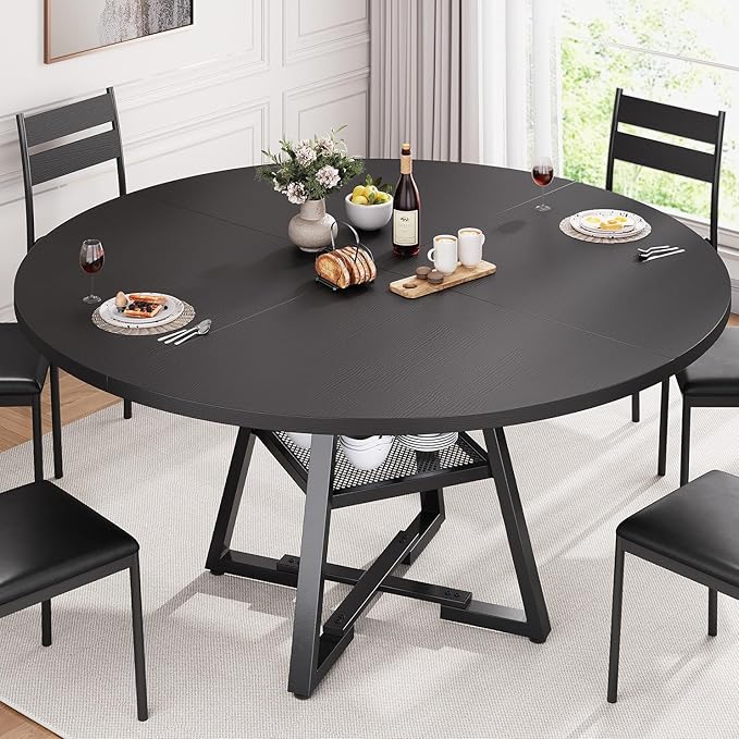 51'' Round Dining Table for 6,Kitchen Dining Room Circle Dinner Pedestal Table,Space Saving Wood Kitchen & Dining Room Furniture (Black, 51In)