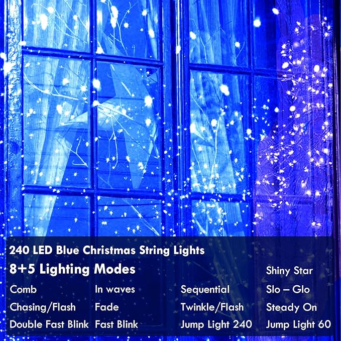 88FT 240LED Extra-Long Connectable String Lights Indoor Outdoor Clear Wire, Blue Christmas String Lights, Plug in Twinkle Fairy Light with Timer for Wedding Patio Tree Yard Christmas Decorations