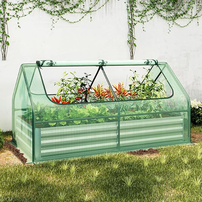 SAFSTAR Raised Garden Bed with Cover, 6FT x 3FT x 3FT Galvanized Bottomless Garden Bed with Greenhouse, Dual 2-Tier Roll-Up Windows, Outdoor Metal Planter Box Kit with Cover (Green)