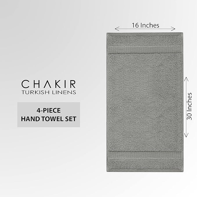 Chakir Turkish Linens 100% Cotton Premium Turkish Towels for Bathroom | 16'' x 30'' (4-Piece Hand Towel, Gray)