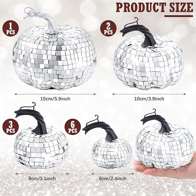 Lenwen 12 Pcs Artificial Disco Pumpkin Glitter Mirror Pumpkin for Decorating Fall Farmhouse Hanging Ornament Harvest Decor for Halloween Thanksgiving Table Centerpiece(Sliver)