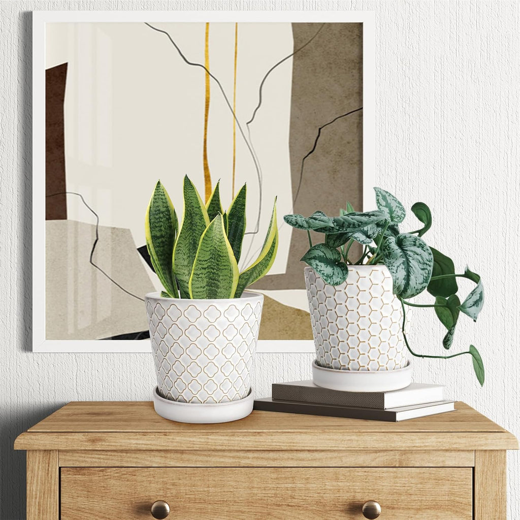 EFISPSS Ceramic Plant Pots Indoor, 5 Inch Planters with Drainage Holes and Ceramic Tray, Relief Design Flower Planter, Desktop Office Windowsill Decoration Gift Set of 4, White