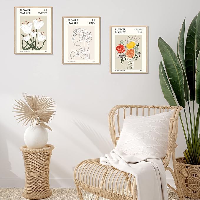 Flower Market Wall Art Prints Botanical Aesthetic Decor Minimalist Poster Inspirational Theme Flower Line Photo Vintage Abstract Pictures Canvas Wall Art Colorful Floral Wall Decor for room (8x10