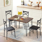 VECELO 5-Piece Dining Table Set for Home Kitchen Small Space Breakfast Nook, 4 Faux Leather Metal Frame Chairs, Retro Brown