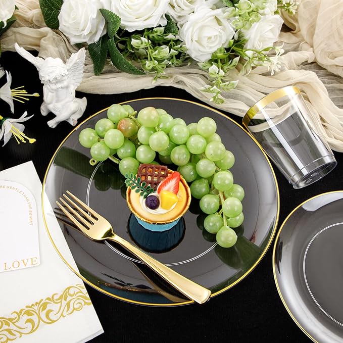 Supernal 350PCS Clear and Gold Plastic Dinnerware Set Include Clear Disposable Plates, Gold Plastic Silverware Heavy Duty, Cups and Napkins for Birthday, Weddings, Parties