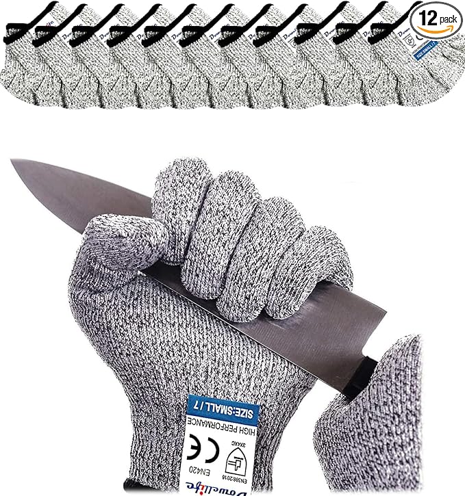 Dowellife Cut Resistant Gloves Food Grade Level 5 Protection, Safety Kitchen Cuts Gloves for Oyster Shucking, Fish Fillet Processing, Mandolin Slicing, Meat Cutting and Wood Carving. (Medium-12 Pairs)