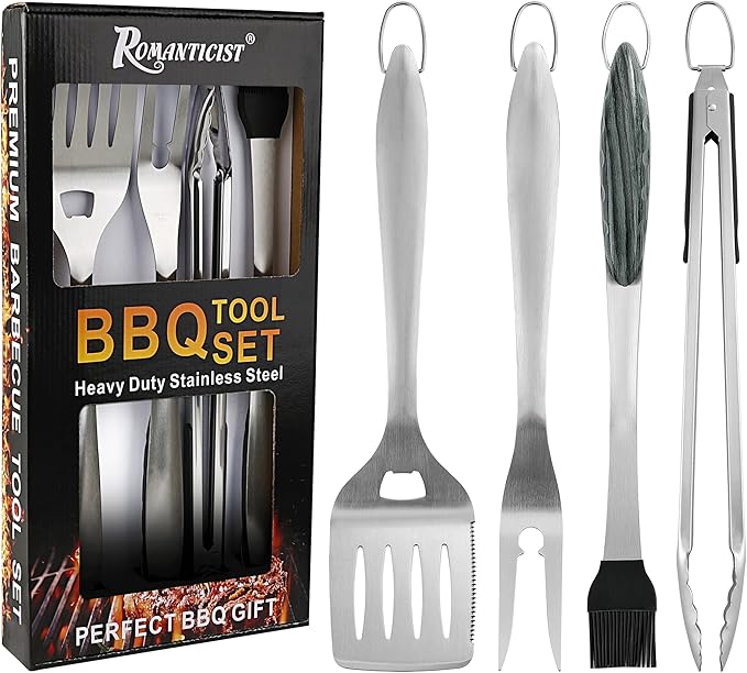 ROMANTICIST 4pc Heavy Duty Grill Accessories for Top Chef - Professional Grill Tools Set & Basic BBQ Tools for Backyard Restaurant Outdoor Kitchen - Deluxe Grill Gift for Dad on Father’s Day Birthday