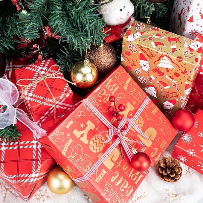 Christmas Gift Wrapping Paper Rolls,3 Rolls 17inches x 198inches Reversible Gift Wrapping Paper, Red Gold White Wrapping Paper, Snowflakes, Stripes, Plaid, Santa hat, Christmas decorations