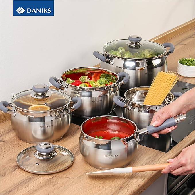 Daniks Modern Stainless Steel Stock Pot with Glass Lid – Induction 4 Quart, Dishwasher Safe, Heatproof Handles, For Soup, Pasta, Stew, Silver