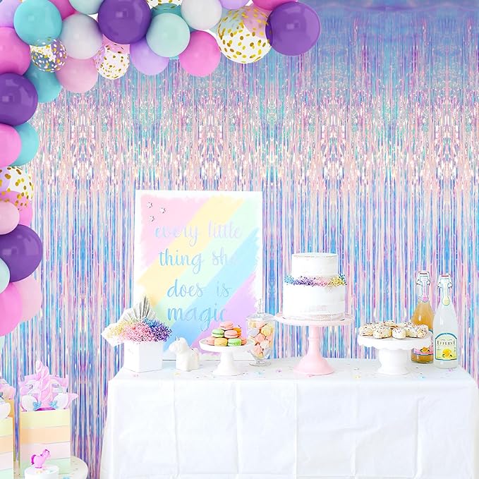 GOER 3.2 ft x 6.5 ft Metallic Tinsel Foil Fringe Curtains Party Photo Backdrop Party Streamers for Mermaid Birthday Party Decorations(1 Packs,Neon Blue)