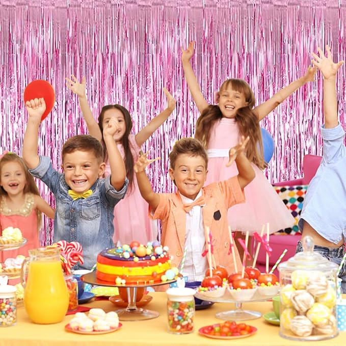 10 Pack Pink Foil Curtain Backdrop 3.2ft x 9.8ft Metallic Tinsel Foil Fringe Curtains Streamer Photo Booth Backdrop for Birthday Party Engagement Bachelorette Party Decorations (Pink)