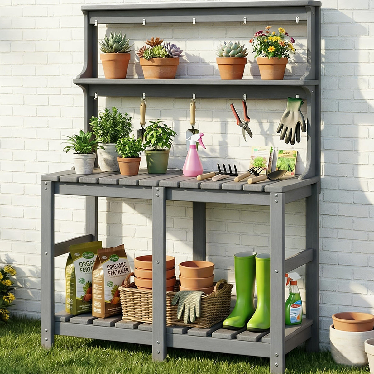 Polyhouz Outdoor Potting Bench with 3 Tier, All-Weather Patio Potting Table with Tool Hooks, HDPE Gardening Table for Backyard, Garden, Grey