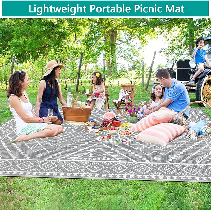 Waterproof Outdoor Rug 8x10 ft, Reversible Plastic Straw Mat, Large Floor Mat for Patio, Camping, Picnic, Backyard RV, Deck, Grey