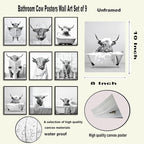 SEHSUVC Funny Bathroom Cow Posters Wall Art Set of 9, Black and White Highland Cow Canvas Wall Decor Painting, Humor Animals Pictures Prints for Bedroom Bathroom Childrenroom 8x10In Unframed