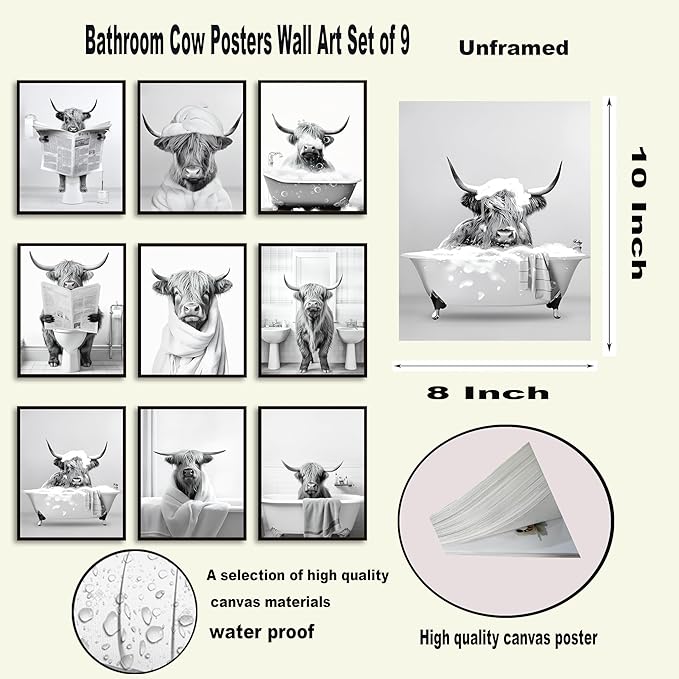 SEHSUVC Funny Bathroom Cow Posters Wall Art Set of 9, Black and White Highland Cow Canvas Wall Decor Painting, Humor Animals Pictures Prints for Bedroom Bathroom Childrenroom 8x10In Unframed