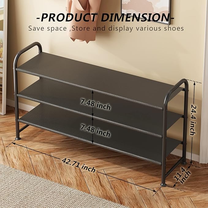 Shoe Rack 3 Tier Long Storage Organizer Wide Metal Shoe Shelf for Closet Entryway Black