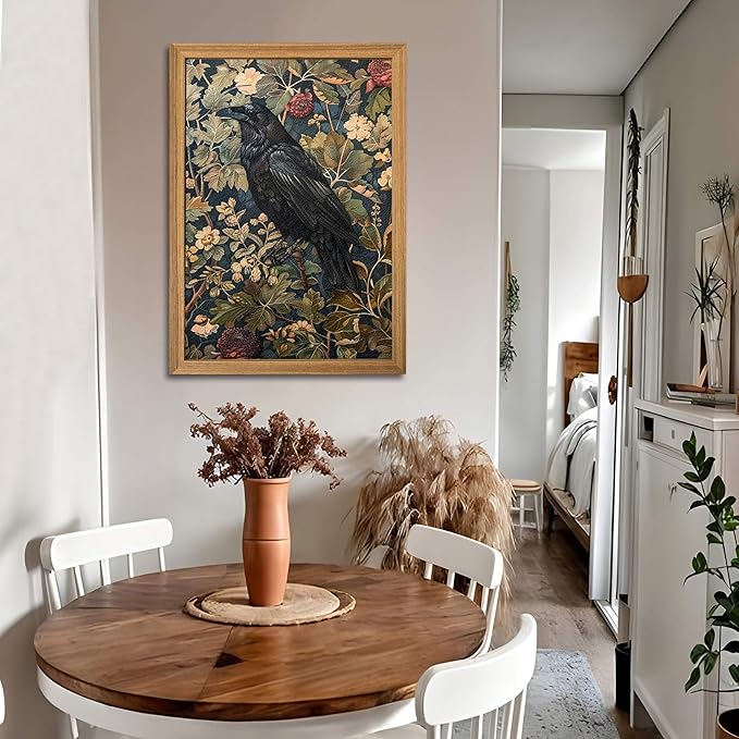 Framed 3D Textured Vintage Wall Art - Dark Academia Decor Hand Drawn Sandstone Black Crow Paintings with Botanical Florals, Aesthetic Wall Decor for Living Room Bedroom Home 24x36 inch