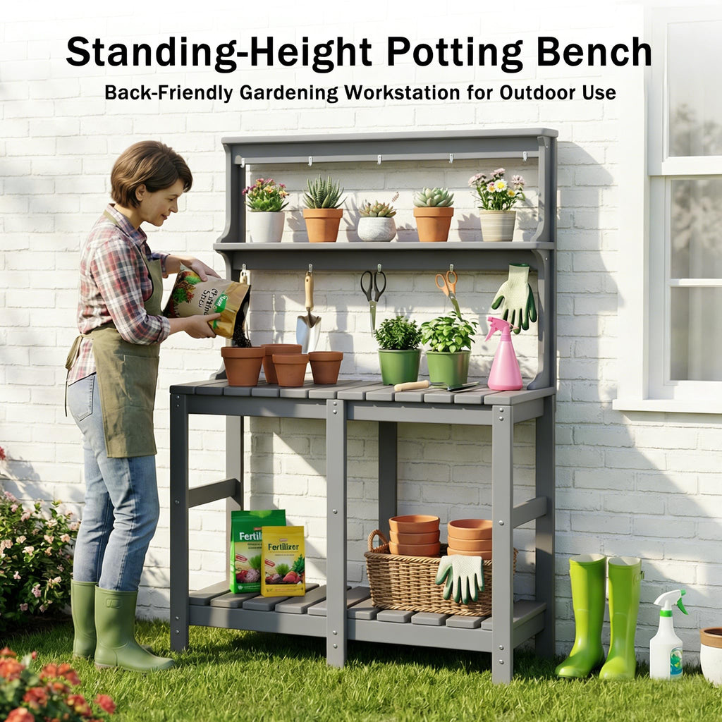 Polyhouz Outdoor Potting Bench with 3 Tier, All-Weather Patio Potting Table with Tool Hooks, HDPE Gardening Table for Backyard, Garden, Grey