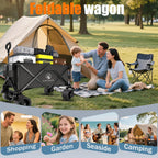 Collapsible Wagon Cart with Silent All-Terrain Wheels, Foldable Heavy Duty Beach Wagon with 330LB,Folding Cart with Cup Holders and Brakes for Camping, Garden,Shopping,Sports Black