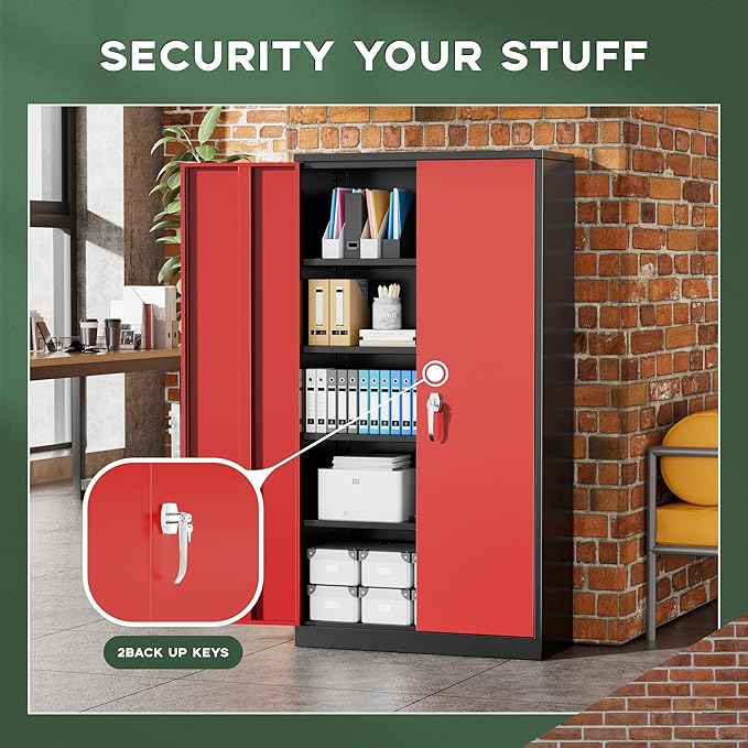 Greenvelly Metal Garage Storage Cabinet with Doors and Adjustable Shelves,72" Steel Lockable File Cabinet for Home Office,Garage,School(Black Red,32" W x 16" D)